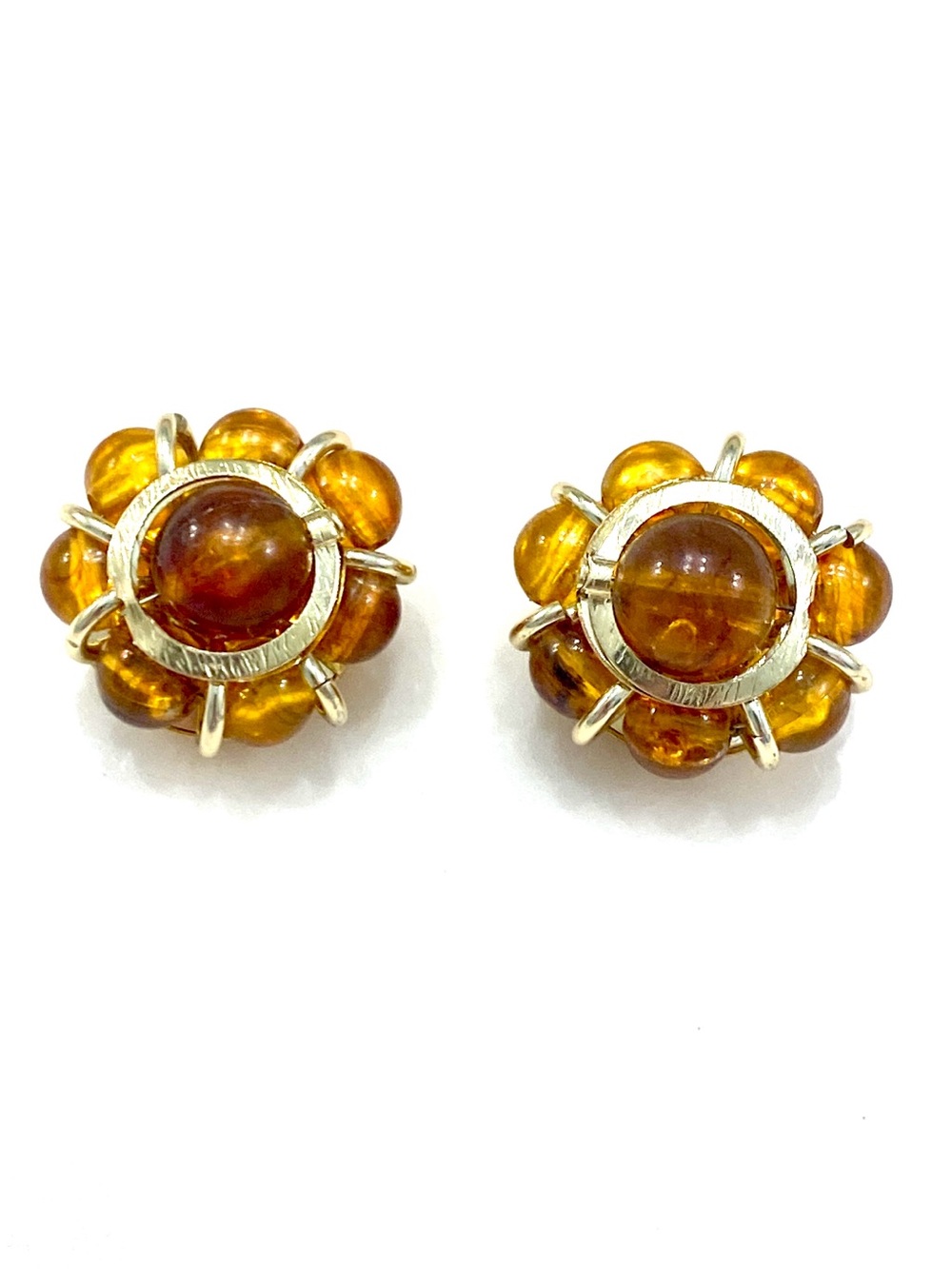 Vintage Signed Hong Kong Amber Color Bead Cluster Clip On Earrings Gold Tone